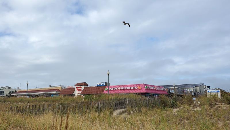 A Rehoboth Board of Adjustment decision on seven variances for the proposed Belhaven Hotel has been delayed until the application is filled out completely. The proposed hotel fronts the Boardwalk, from Candy Kitchen south to the end of Grotto Pizza, goes down Rehoboth Avenue all the way to the farthest rooftop structure seen in this picture, and encompasses the whole block to Wilmington Ave. CHRIS FLOOD PHOTO